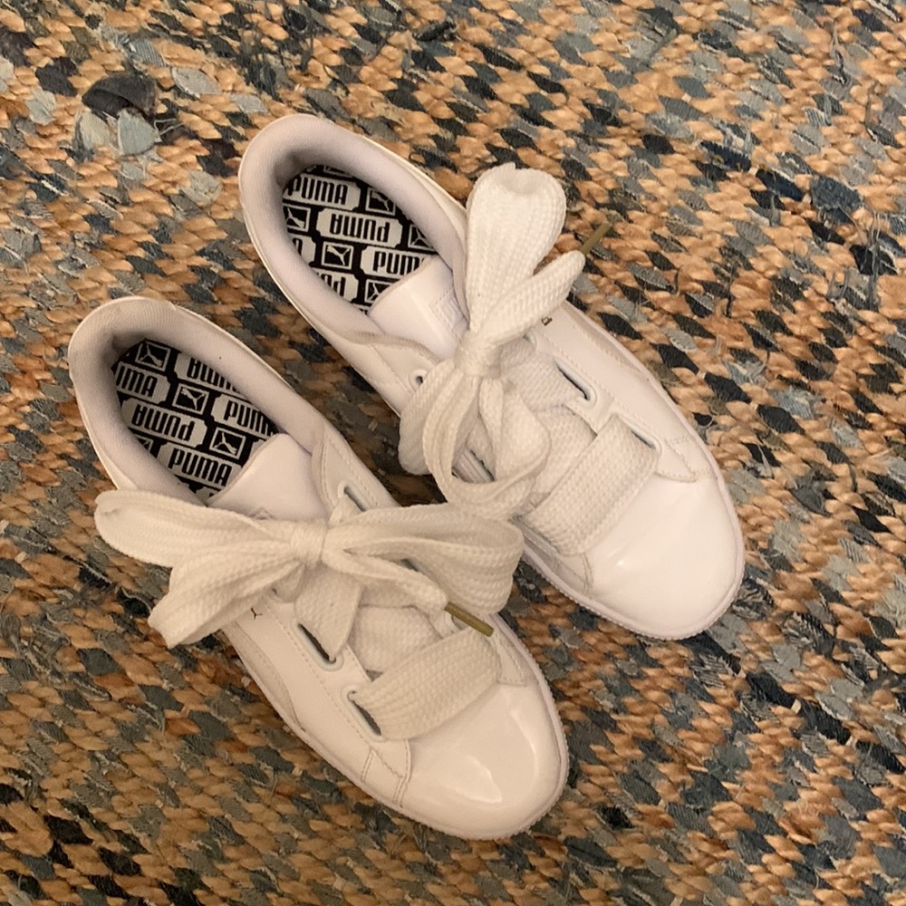 Puma white basket heart patent sneakers